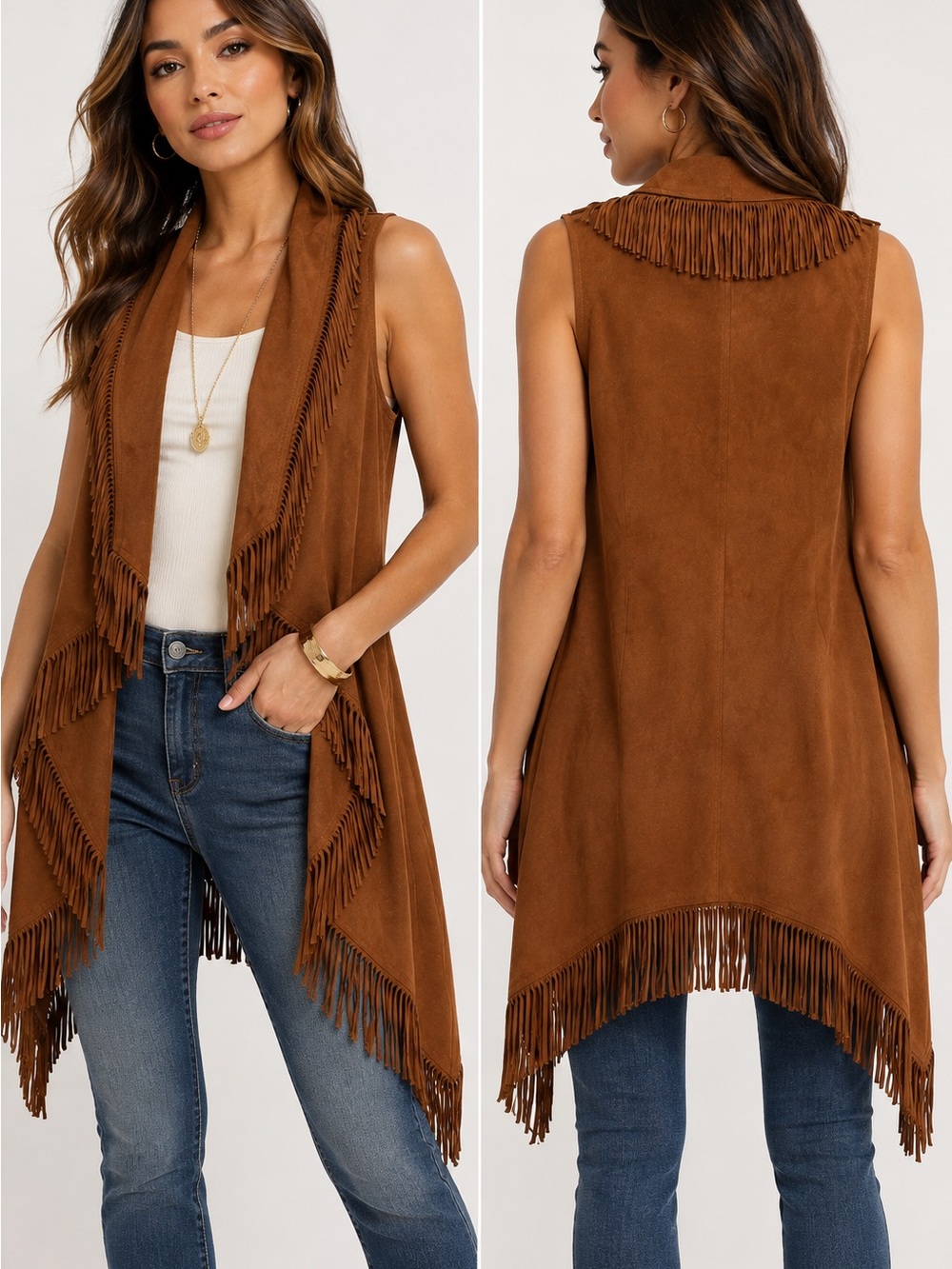 TCEC Camel Faux Suede Fringe Duster Vest Boho Western Festival Size M